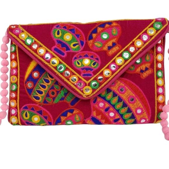 Envelope Purse with Embroidered Colorful Latern Pattern and Pom Pom Strap - Picture 8 of 8